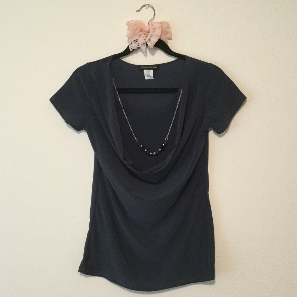 NWOT Navy Blouse Top with Front Drape Fabric Detailing and detachable Necklace